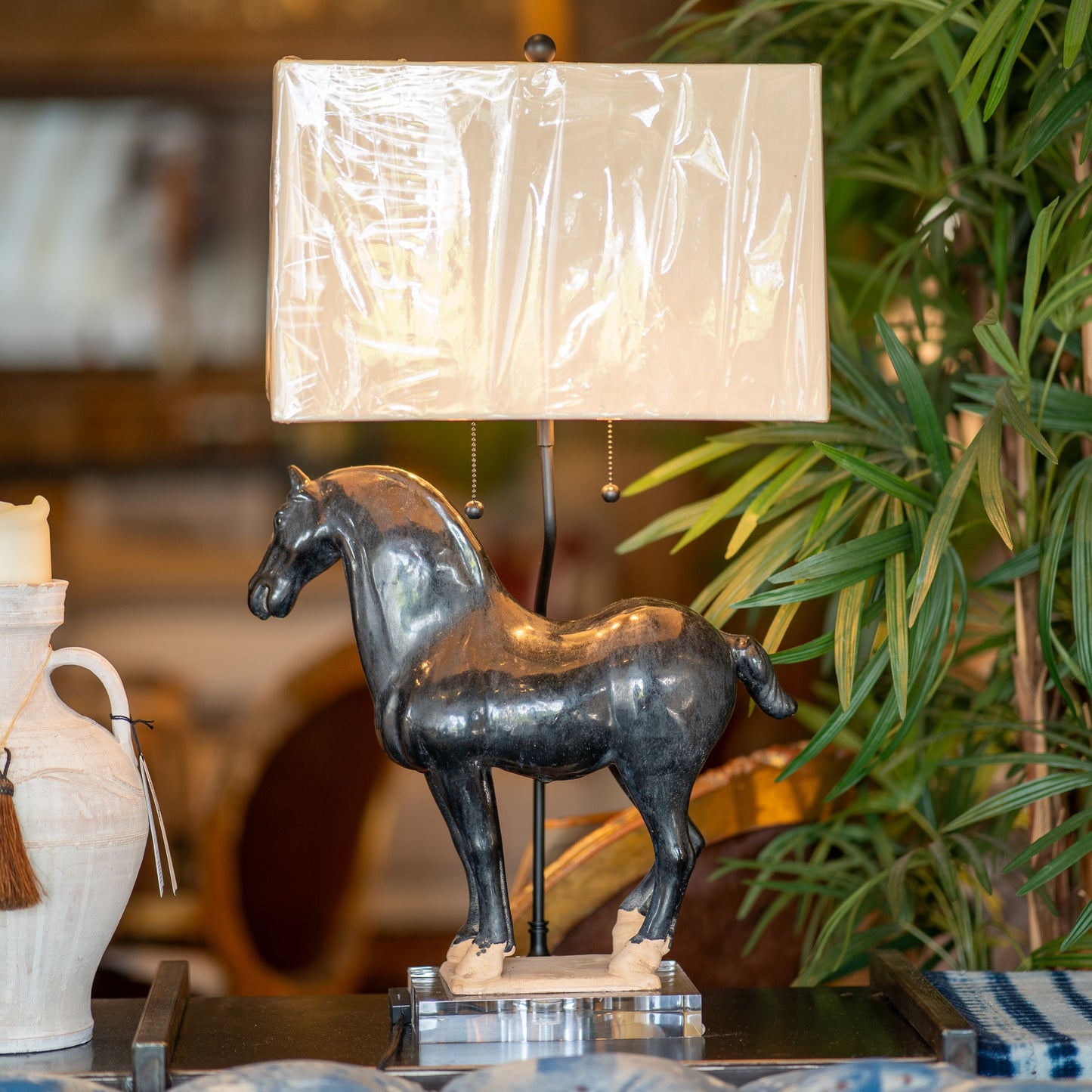 Black Terra Cotta Tang Horse Lamps (Pair)