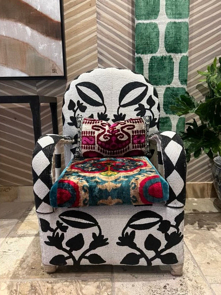 White and Black Handmade African Yoruba Beaded Chairs (Pair)