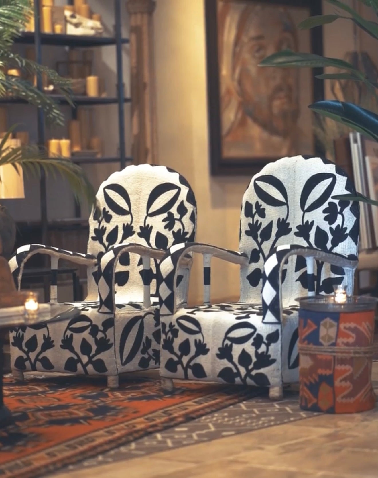 White and Black Handmade African Yoruba Beaded Chairs (Pair)