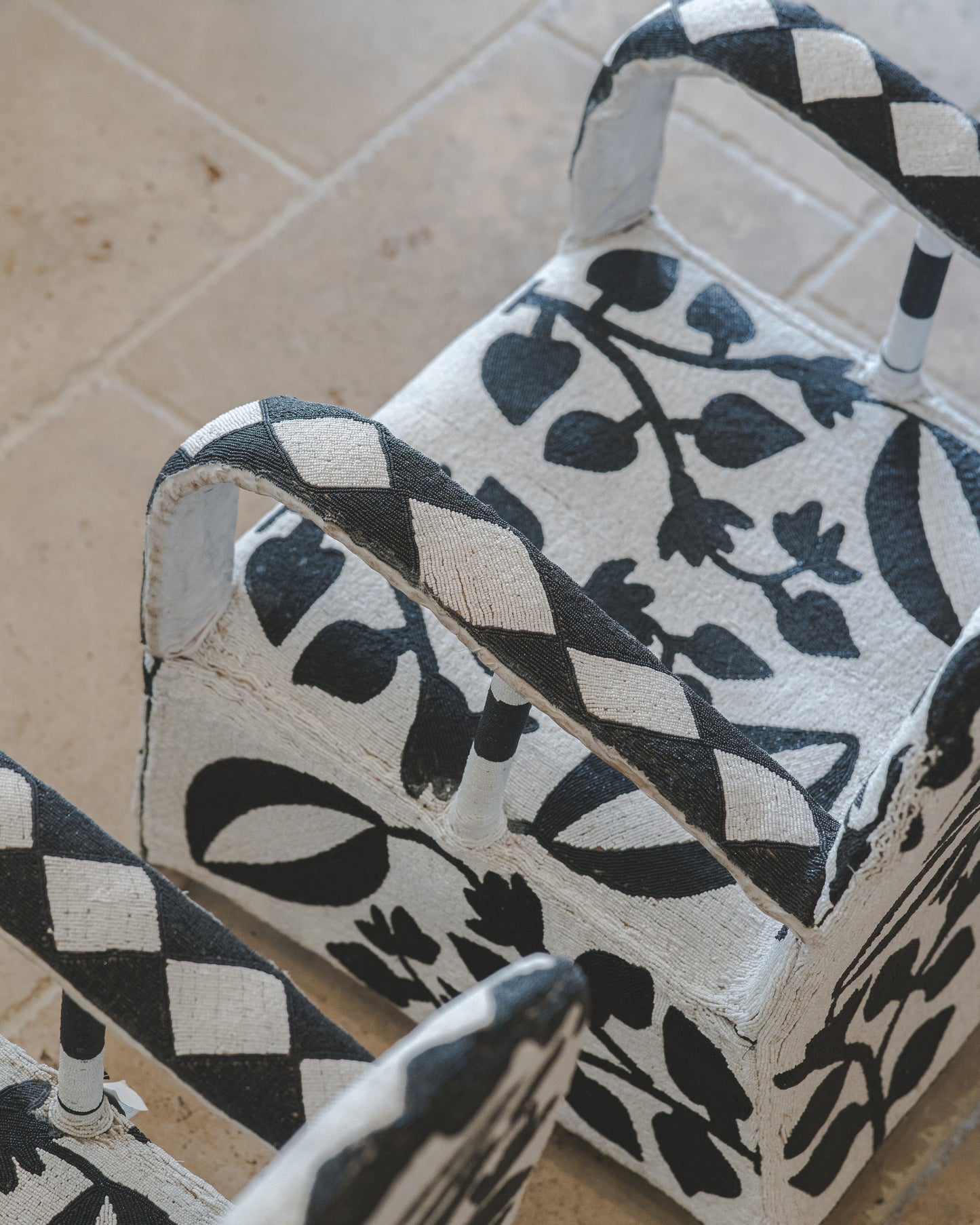 White and Black Handmade African Yoruba Beaded Chairs (Pair)