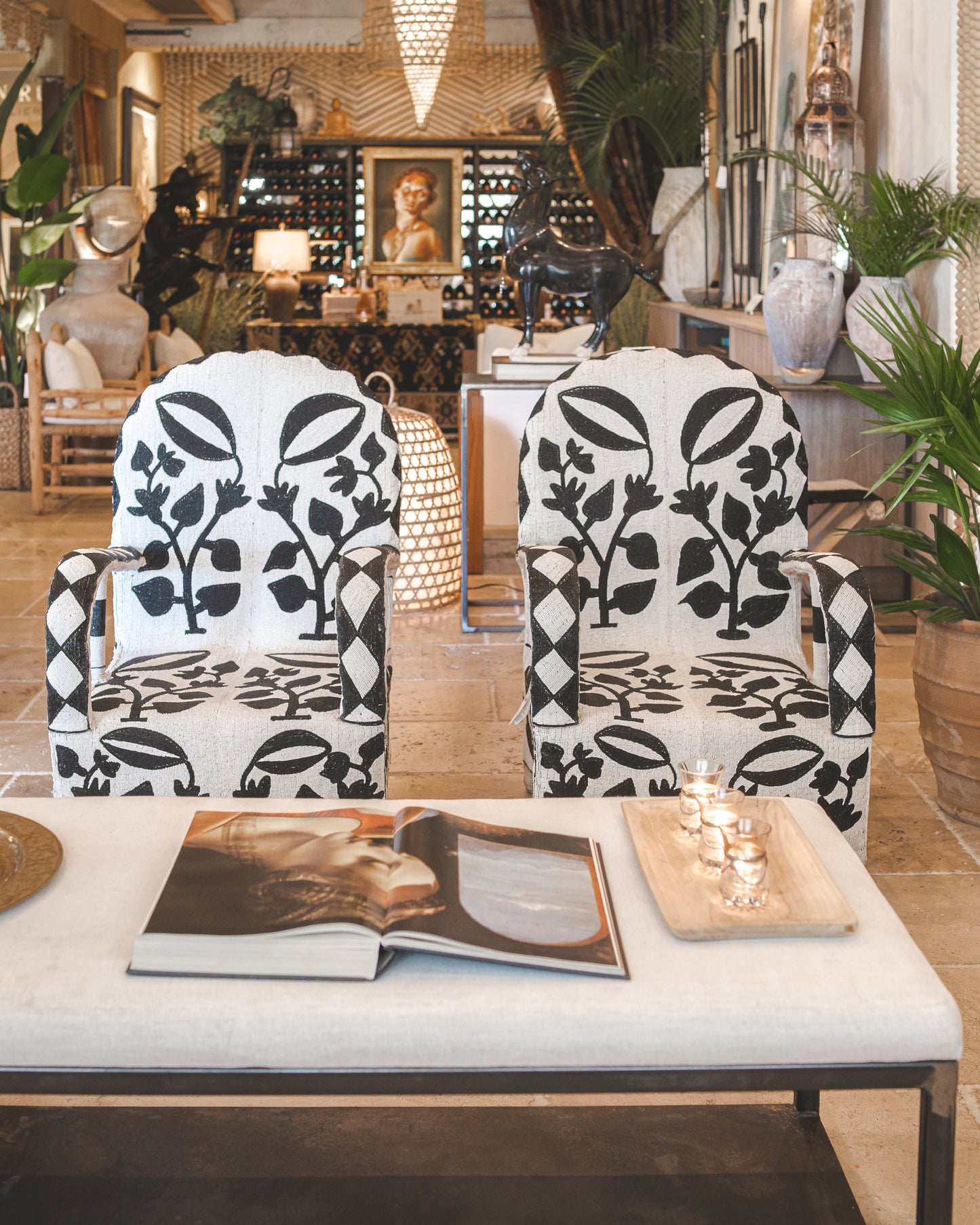 White and Black Handmade African Yoruba Beaded Chairs (Pair)
