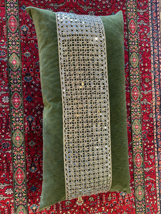 Olive Velvet Lumbar Pillow with Vintage Indian Mirrored Tape