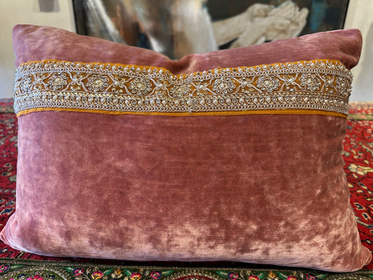 Blush Velvet Down Pillow with Vintage Beaded Gold Thread Tape