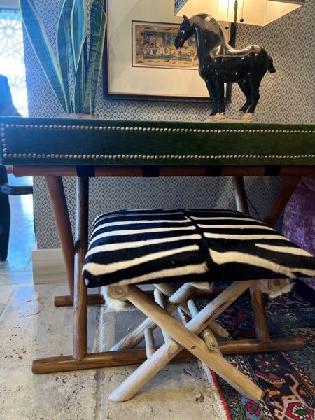 Balinese Goat Skin, Fur & Zebra Hide Teak Folding Campaign Stools