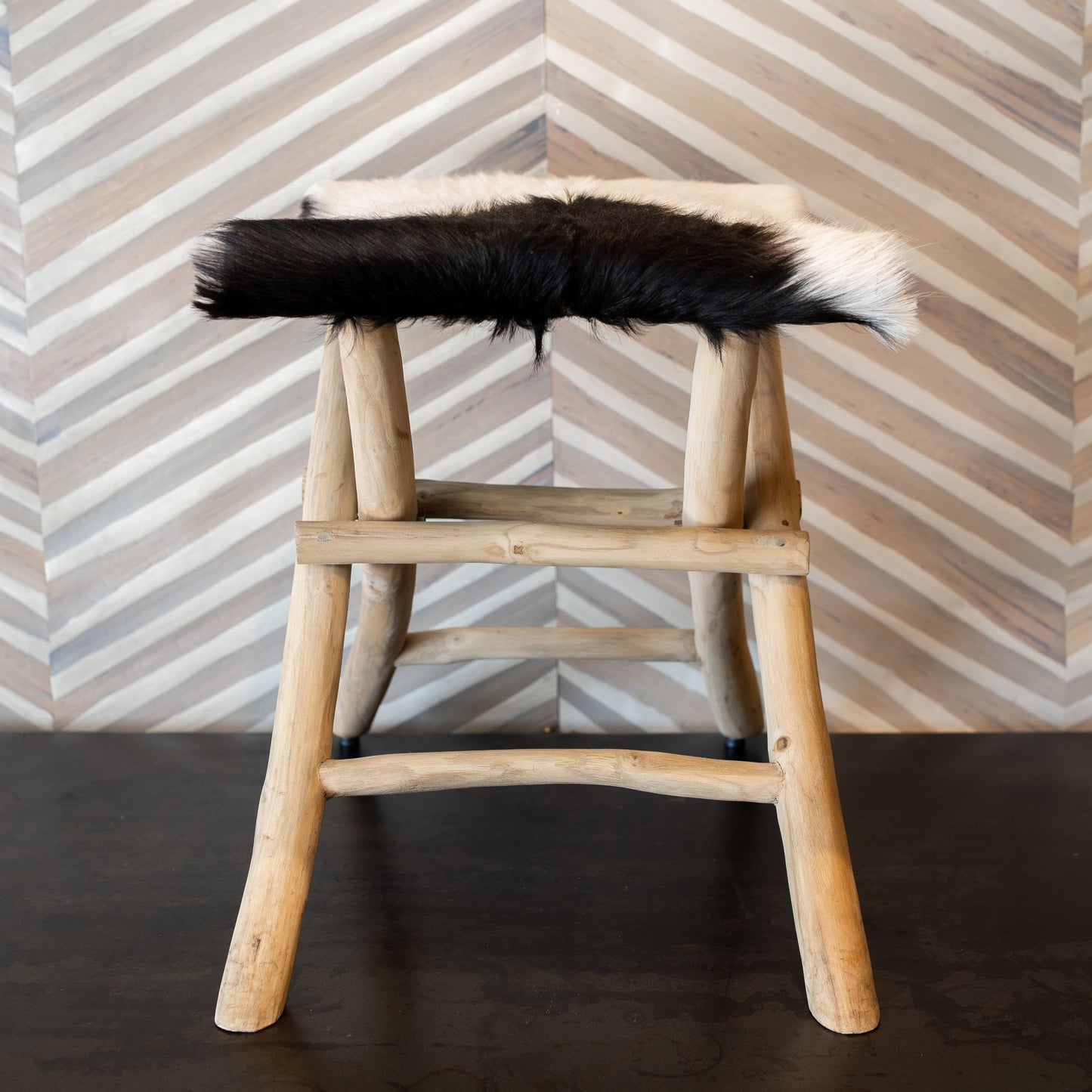 Balinese Goat Skin, Fur & Zebra Hide Teak Folding Campaign Stools